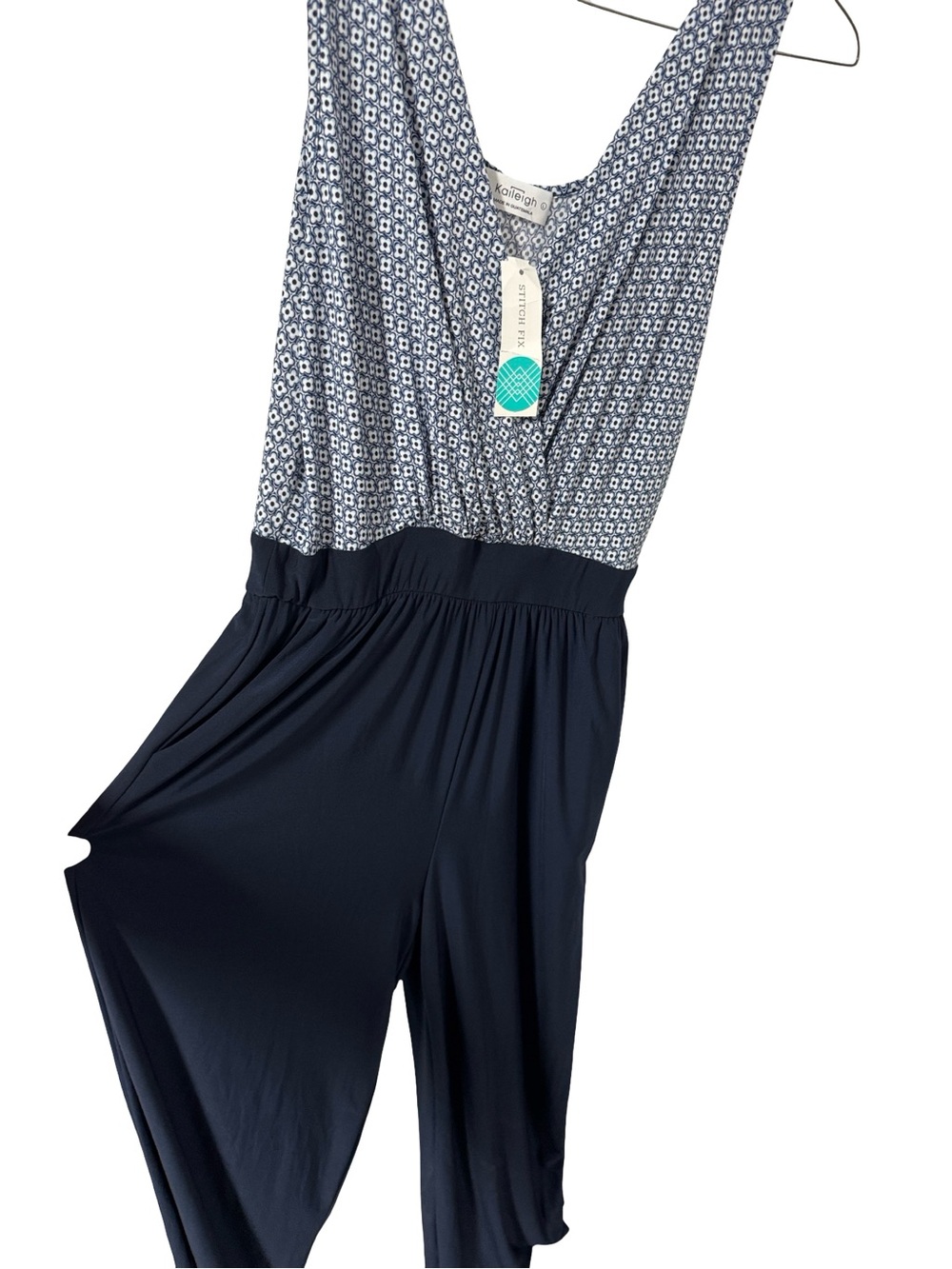 Kaileigh Navy and White Printed V-Neck Jumpsuit - Picture 2 of 6